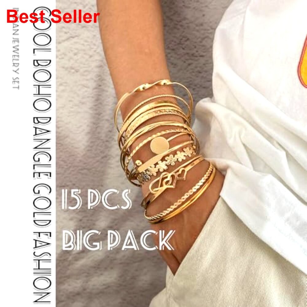 14k Gold Plated Bangle Bracelets Stackable Boho C… - image 4